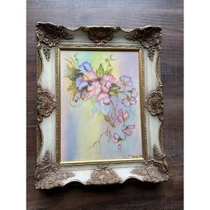 Vintage Signed 1980s Floral Oil Painting Ornate Gold Frame Sweet Peas Art